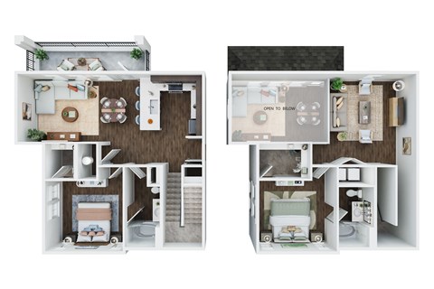 A cutaway diagram of a house showing the interior layout of a kitchen, living room, bedrooms, and bathrooms.